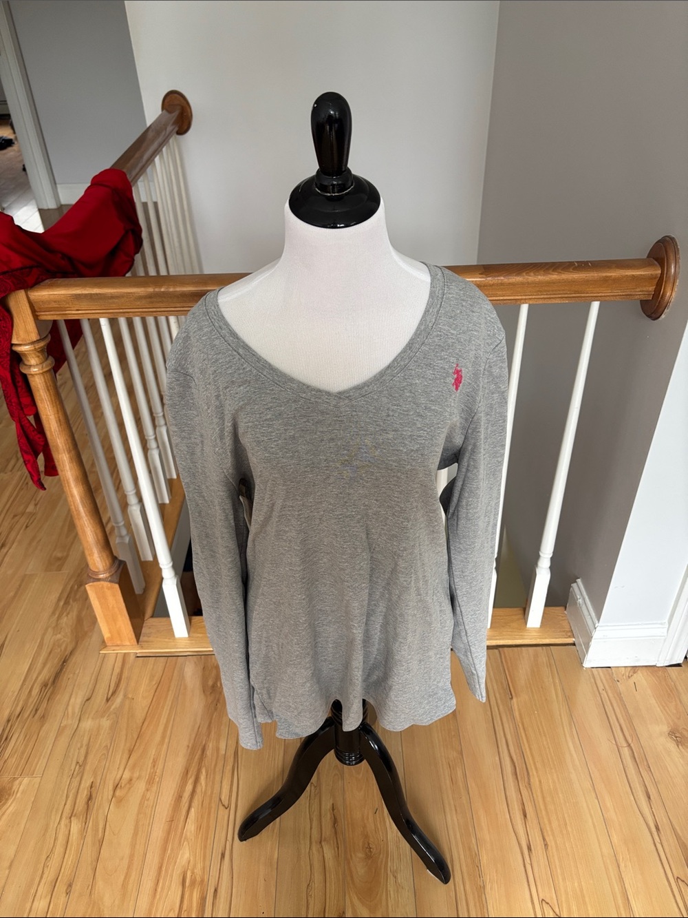 Ralph Lauren Gray Long Sleeve V-Neck Top with Pink Pony Logo
